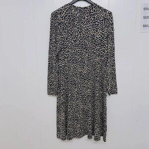 M&S Collection Animal Print Midi Dress Women's Size 16 Tan/Black Long Sleeve